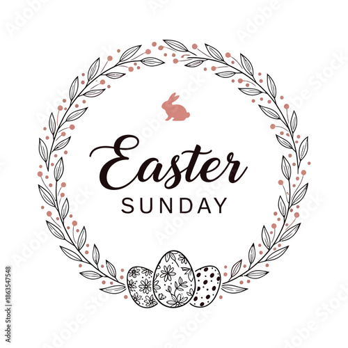 Easter sunday celebration logo with bunny eggs and floral wreath on easter day