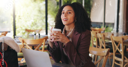 Canvas Print Coffee, laptop and thinking with woman in cafe for hospitality blog, food review and research vision