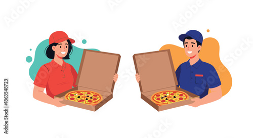 Friendly pizza delivery staff members present open cardboard boxes with fresh hot pizzas in a colorful and professional flat illustration.