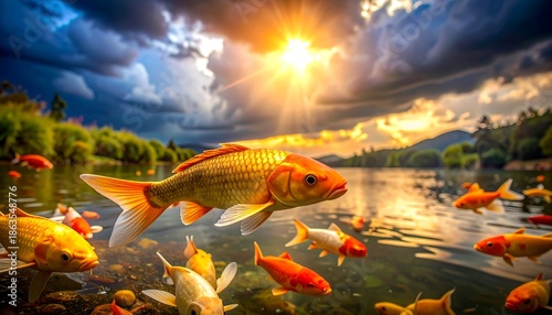 A vibrant scene features goldfish swimming in clear water under a dramatic sky with a shining sun