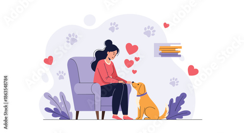 Happy woman sits in a soft armchair petting her loyal golden retriever dog surrounded by floating red heart icons in a warm home setting.