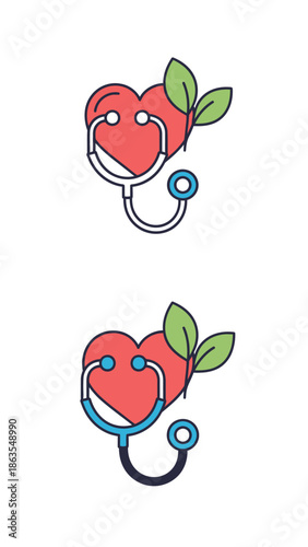 Healthy heart with stethoscope and green leaves illustration. Concept of natural cardiology, wellness, medical care, and well-being.