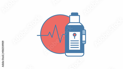 Health and medical care icon with a pharmaceutical bottle and ECG heartbeat line. Modern illustration for treatment and diagnostics.