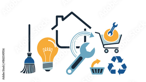 Home services concept vector with icons for maintenance, repair, cleaning, renovation, shopping, and sustainability.