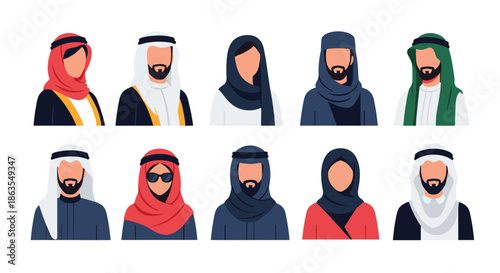 Collection of diverse avatars representing middle eastern men and women wearing traditional clothing like hijabs and ghutras.