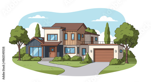 Modern two-story suburban house featuring a large garage and a landscaped garden with trees under a bright blue sky.