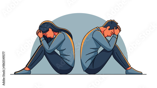 A couple sitting back to back with their heads in their hands, symbolizing sadness and despair.