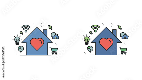 Digital Smart Home concept illustration. Connected house with heart, Wi-Fi, lightbulb, shopping, global internet, and technology.