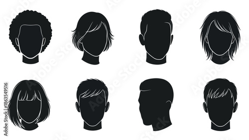 Collection of eight black silhouette head profiles showcasing diverse hairstyles and genders.