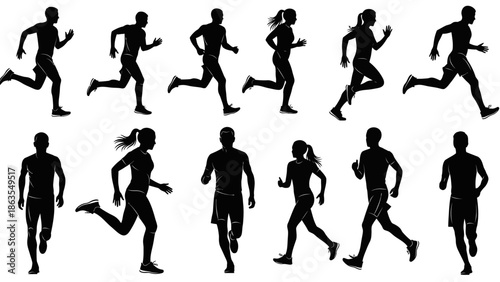 Collection of Silhouettes of Men and Women in Various Running Poses.