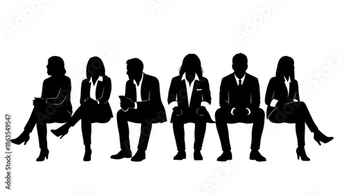 Silhouettes of a diverse group of people sitting in a row, appearing to be in a waiting area or meeting.