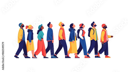 A diverse group of people of various ethnicities and ages walking in a line, looking upwards.