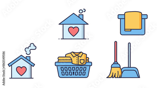 Flat design vector icons set of home, household chores, cleaning, and laundry. Includes house with heart, laundry basket, broom, and dustpan.
