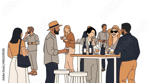 A diverse group of people mingling and enjoying drinks at an outdoor social gathering.