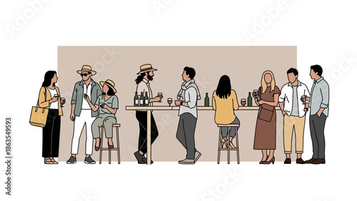 A diverse group of people enjoying a social gathering at a bar, with drinks and conversation.