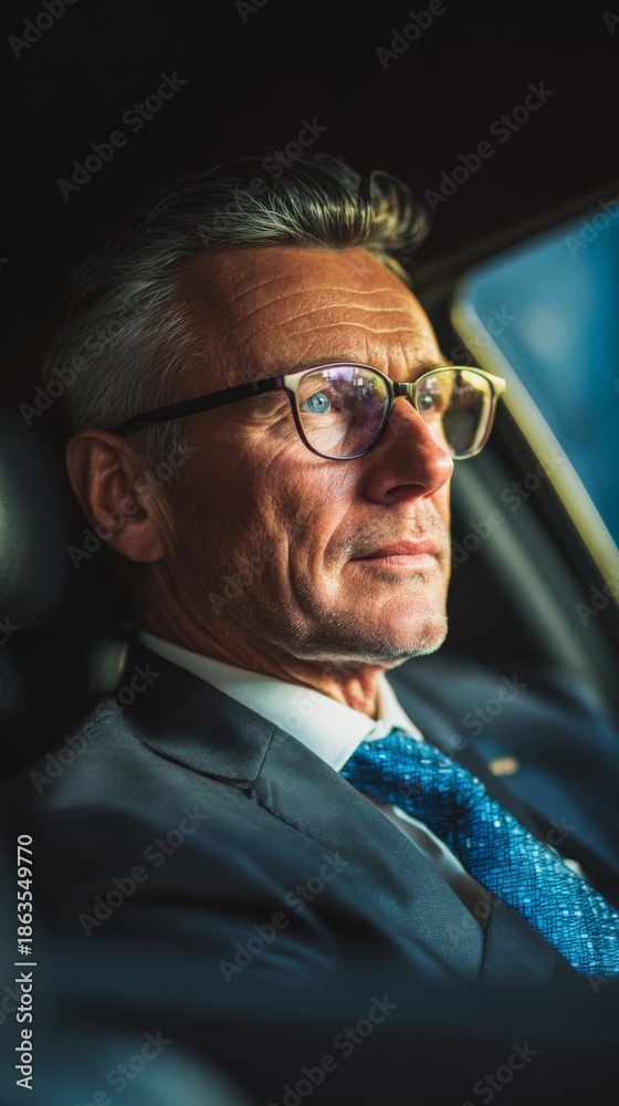 Obraz premium Mature businessman driving in car while focused and wearing glasses, vertical photo