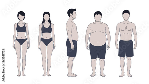 Illustration showing different body types for men and women, including lean, average, and overweight figures.