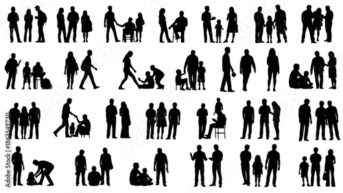 A collection of diverse silhouette figures representing various family and social groupings in different poses and activities.