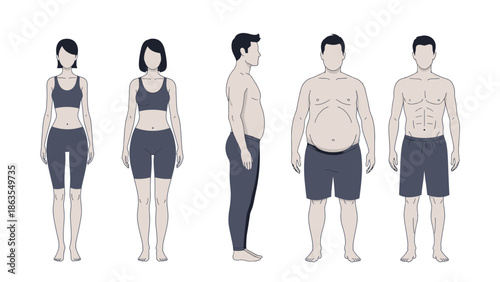 Illustration showing different body types for men and women, ranging from slender to overweight.