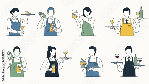 Collection of stylized illustrations depicting bartenders and servers preparing and presenting various beverages.