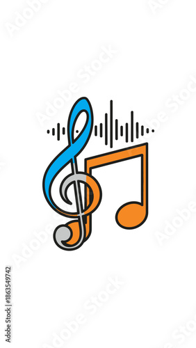 Colorful musical notes icon with sound waves. Treble clef and eighth note illustration representing audio, music, and rhythm.