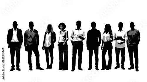 A diverse group of silhouetted individuals standing together against a white background, showcasing a variety of professional attire.