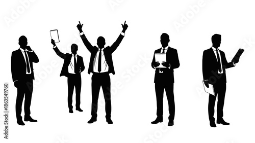Silhouettes of businessmen in suits celebrating success and working with documents.