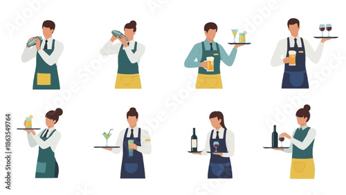 Collection of diverse bartenders and servers preparing and presenting drinks in a professional setting.