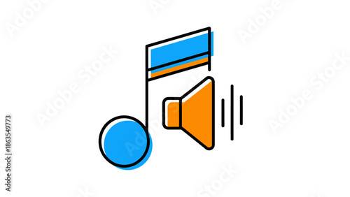 Modern music note and speaker icon representing audio, sound, and volume control. Vector graphic design element.
