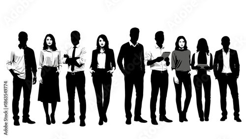 A diverse group of business professionals standing together in a line, showcasing a unified team.