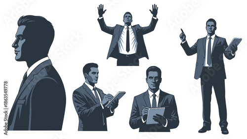 Collection of stylized illustrations of a businessman in various poses, showcasing professional attire and confident demeanor.