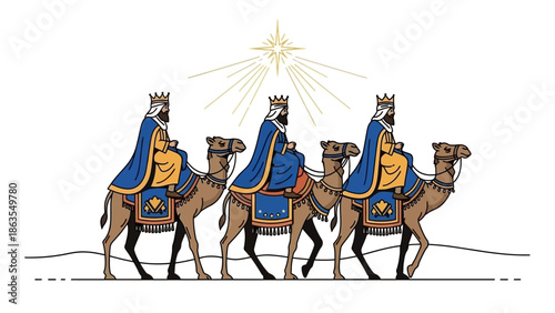 Three Wise Men on Camels Following the Star of Bethlehem.