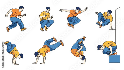 Collection of eight dynamic illustrations depicting a person performing various parkour and breakdancing moves against a white background.