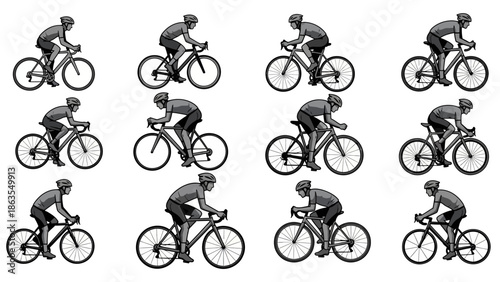 A grid of twelve illustrations depicting a cyclist in various aerodynamic riding positions.
