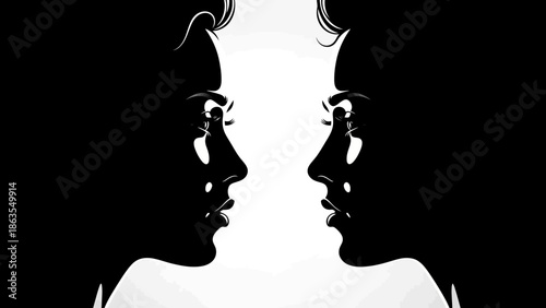 A striking black and white illustration depicts two profiles of human faces facing each other, creating a sense of duality or reflection.