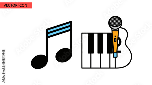 Vector illustration of music instruments and symbols: musical note, piano keys, and microphone. Flat design for melody and sound.