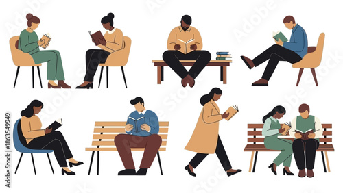 Diverse group of people reading books in various casual settings, illustrating the joy of literature and quiet contemplation.