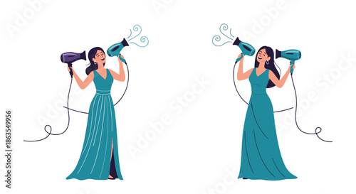 Two elegant women in long blue gowns hold hair dryers like microphones while joyfully singing during a beauty routine.
