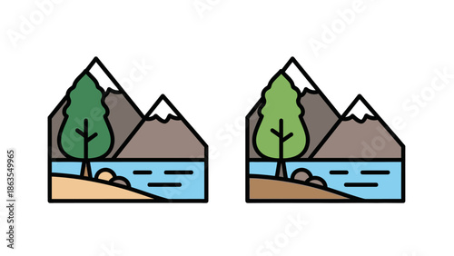 Minimalist vector landscape illustration with snowy mountains, green tree, river, and rocky bank. Nature outdoor icon graphic.
