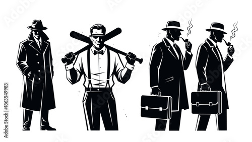A group of four men in vintage suits and hats, depicted in a black and white illustration, with one man holding a baseball bat.