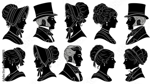 A collection of elegant silhouette portraits of men and women from the Regency era, showcasing intricate hairstyles and period attire.