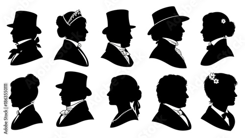 Collection of black silhouettes of men and women in historical attire, showcasing formal hats and hairstyles.