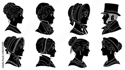 A collection of eight silhouette portraits, featuring women in historical hairstyles and bonnets, and one man in a top hat.