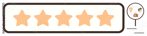 Customer reviews, feedback, service quality, ecommerce, satisfaction, rating. Five orange stars in a row with a magnified icon showing shopping elements. Customer reviews and feedback concept