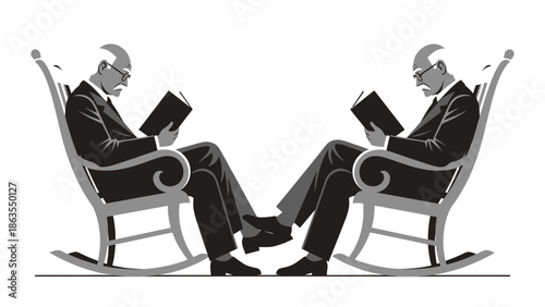 Two identical elderly men in suits sitting in rocking chairs reading books, facing each other with their feet touching.