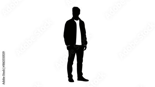 Silhouette of a man standing against a white background, wearing a jacket and jeans.