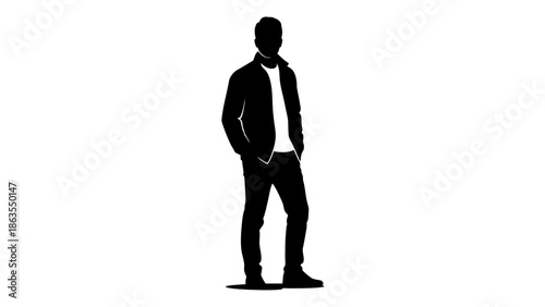 Silhouette of a man standing with his hands in his pockets, wearing a jacket and jeans.