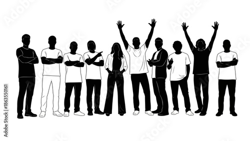 A diverse group of people standing together with arms raised in celebration and unity.