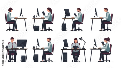 A collection of diverse individuals working diligently at their desks with computers in a modern office setting.