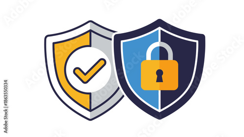 Two shield icons representing digital security, data protection, privacy, and verification. Padlock for secure access, checkmark for authenticity.